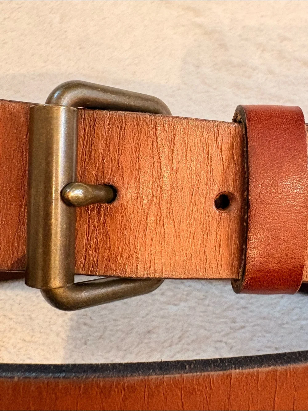 Lands' End Tan Leather Belt with Antique Brass-Tone Roller Buckle Sz 40
